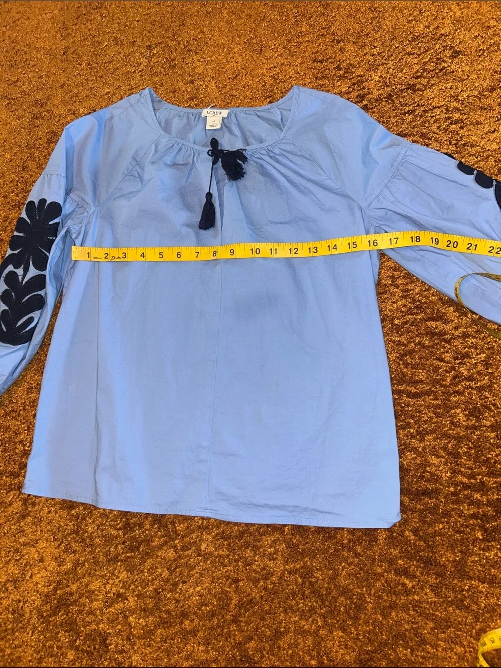 J. Crew Light Blue Blouse with Navy Sleeve Embroidery